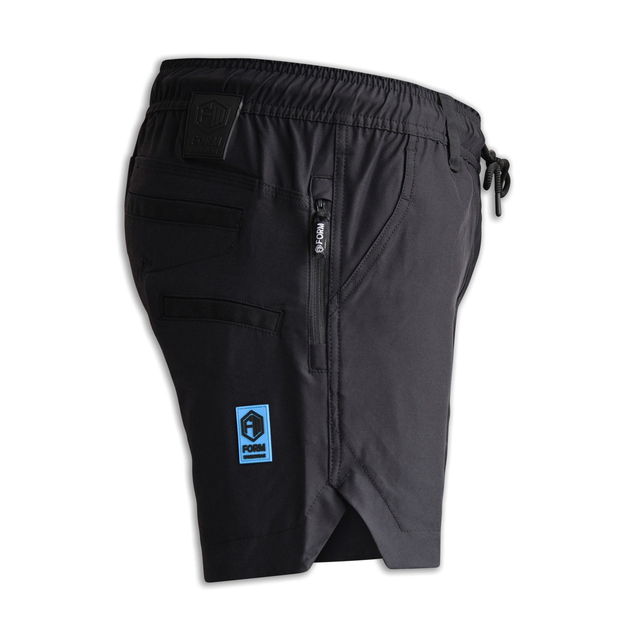 Right side view of FORM Workwear S4 black work shorts designed for tradies