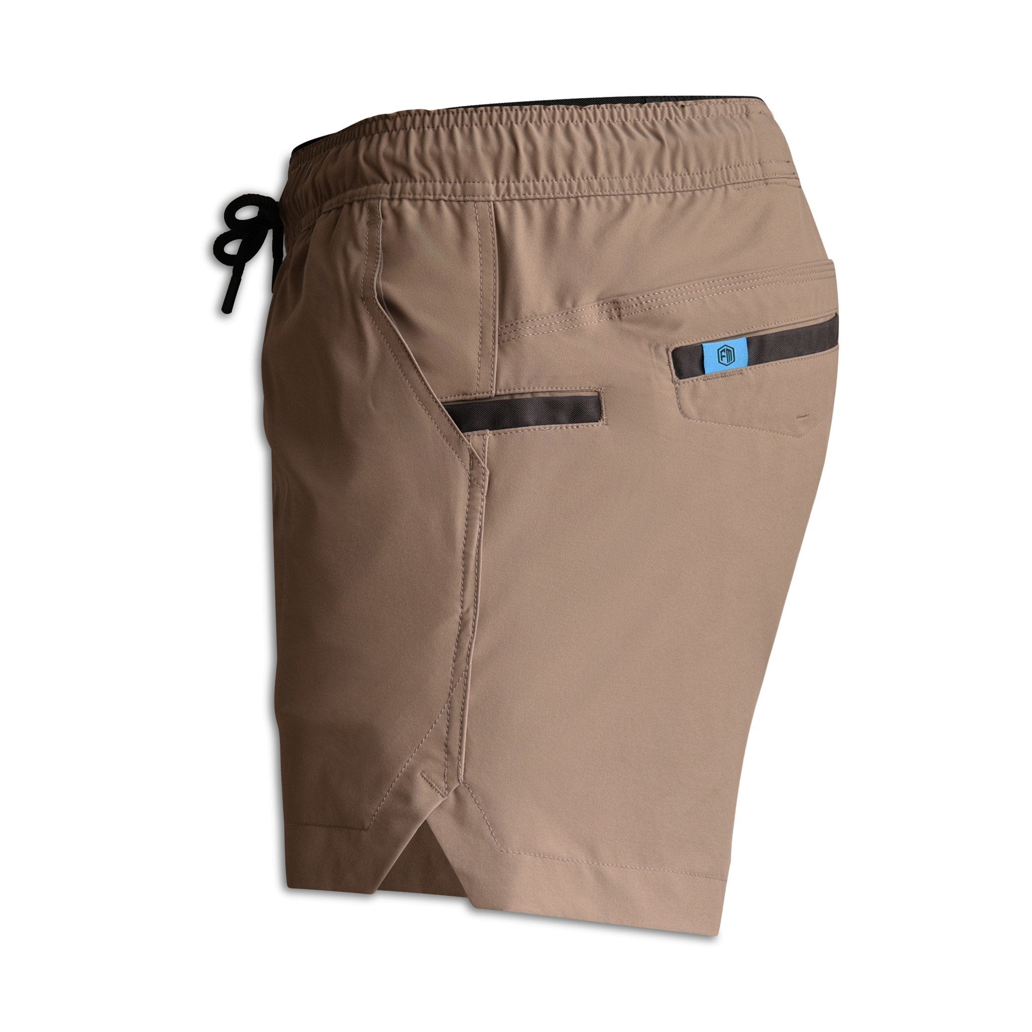 Left side view of FORM Workwear S4 khaki work shorts with utility pocket