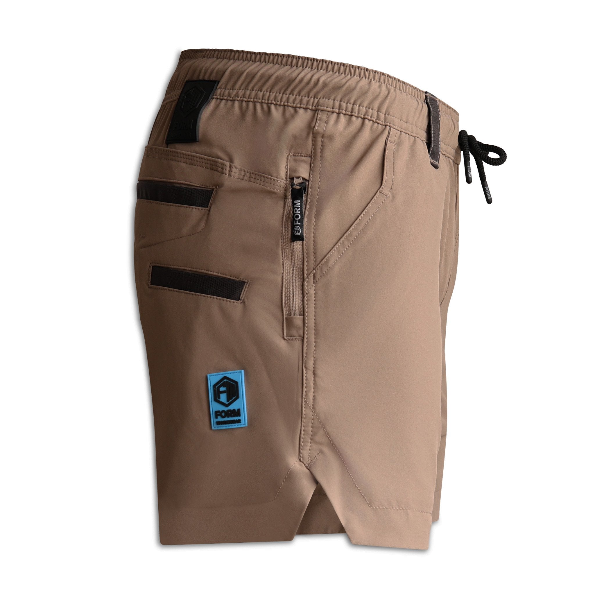 Right side view of FORM Workwear S4 khaki work shorts designed for tradies