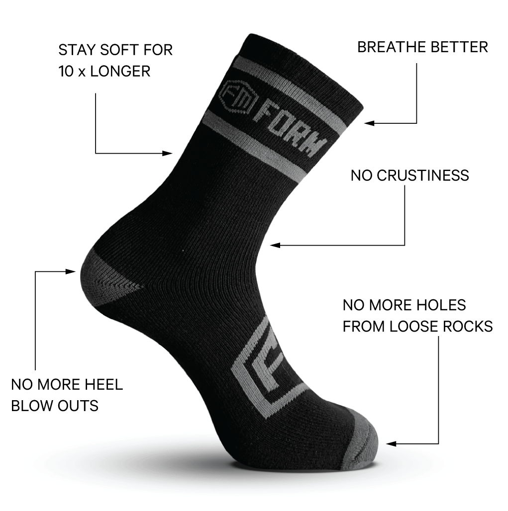 Technical diagram of Form Workwear socks highlighting durability, breathability, and comfort features