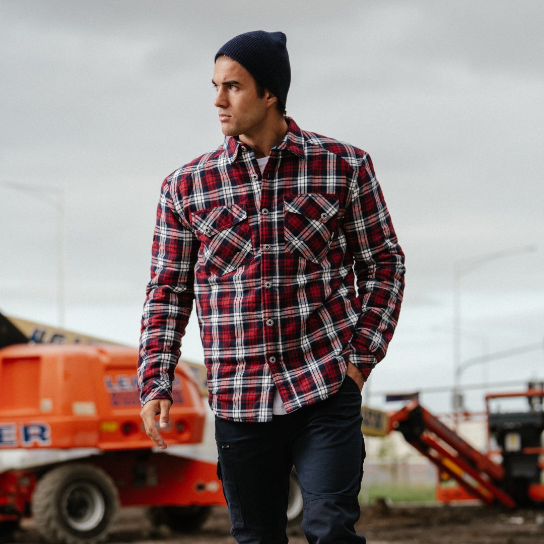 Close-up of a plaid button-up work shirt with pockets, ideal for construction or tradesmen